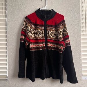 Women's Size 1X ERIKA Zippered Sweater Jacket (red/black/brown/tan) 100% Acrylic